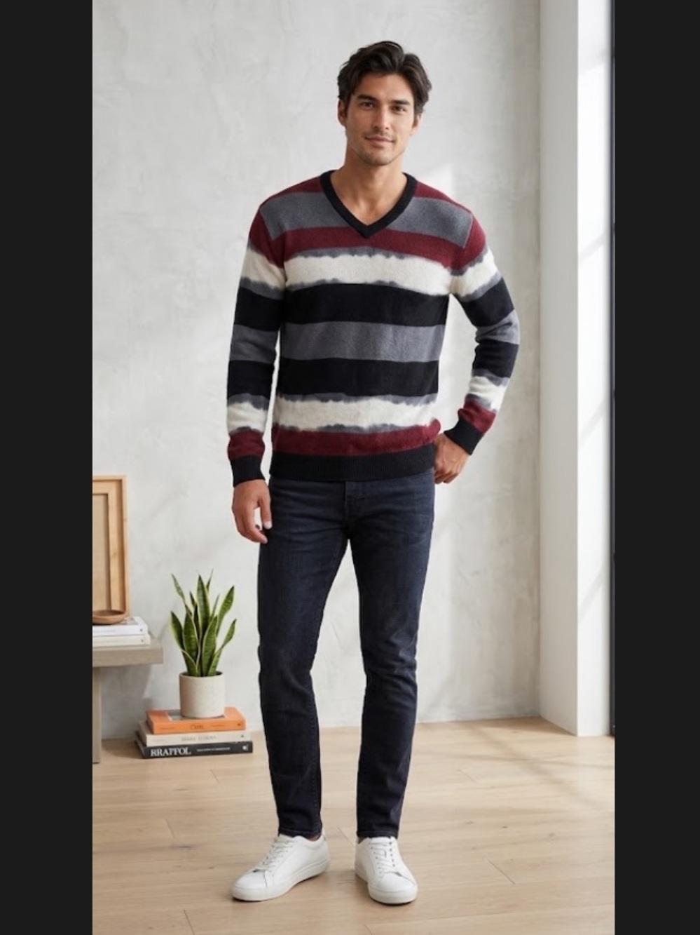 Sixty Energy Men Wool blend Striped Sweater Gray, Black, White, Burgundy Sz L